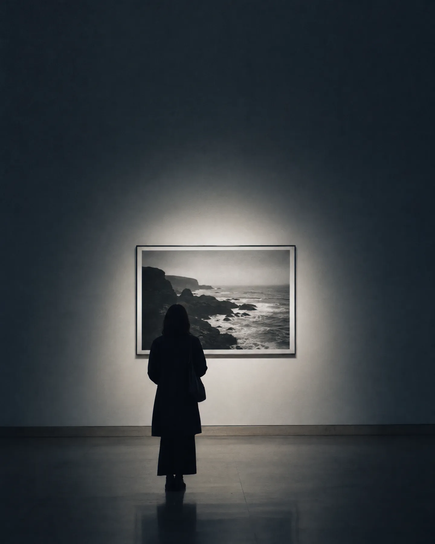 Una persona di spalle, in silhouette, guarda una grande fotografia di scogliera sul mare illuminata da un solo faretto su una parete scura.