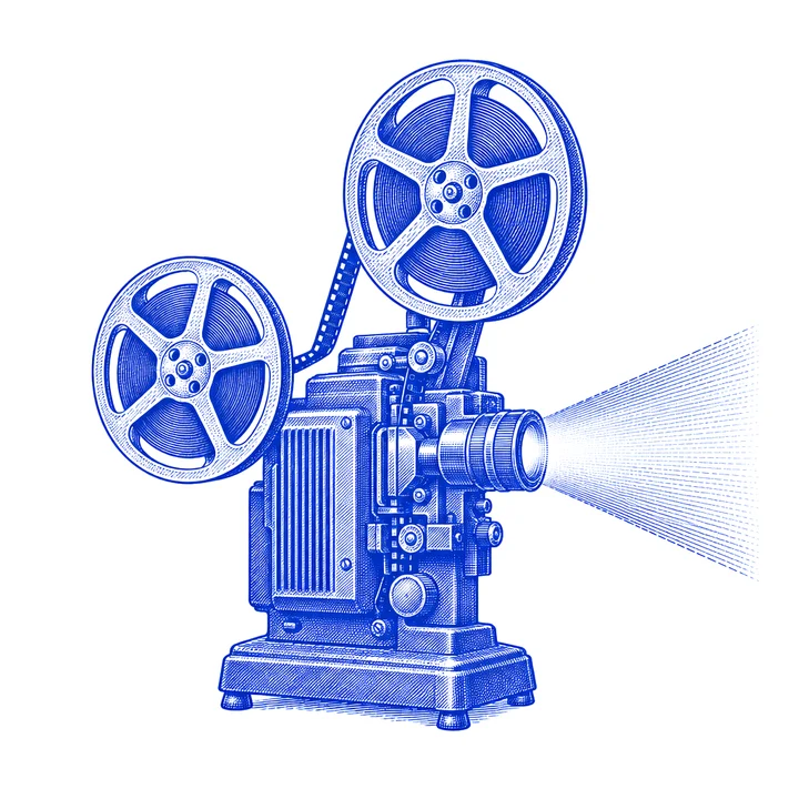 Incisione blu: un proiettore cinematografico a due bobine con il suo fascio di luce.