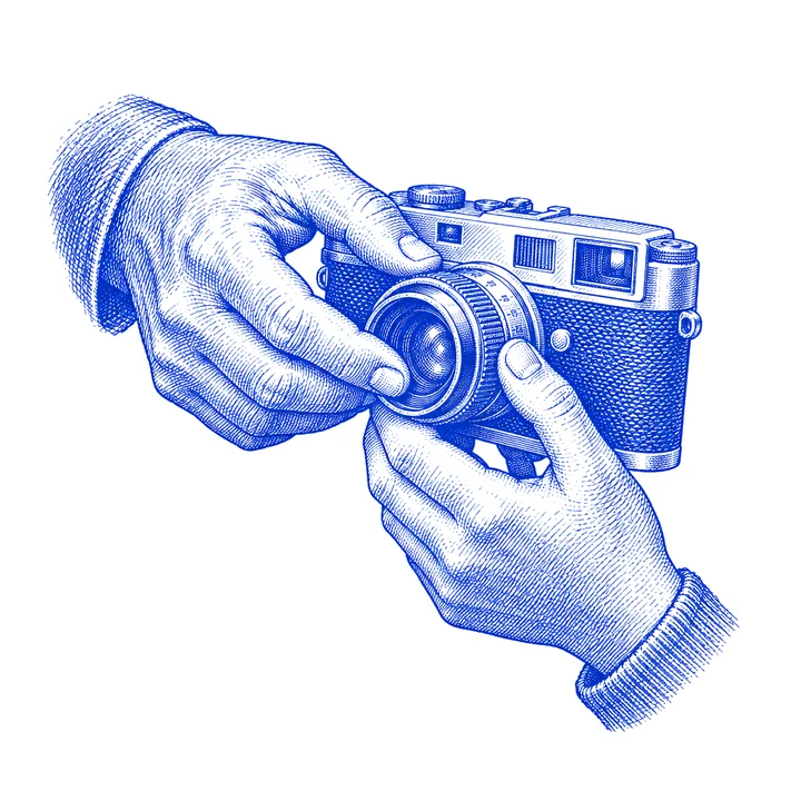Incisione blu: due mani regolano l'obiettivo di una macchina fotografica a telemetro.
