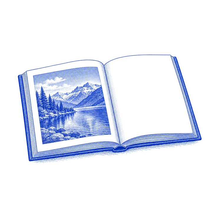 Incisione blu: un libro fotografico aperto su un paesaggio di lago e montagne.