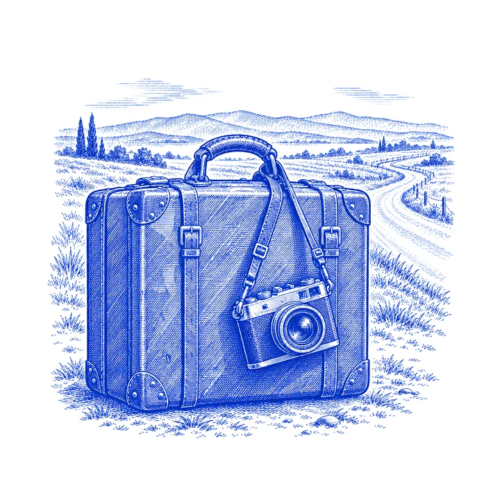 Incisione blu: una valigia con una macchina fotografica a tracolla, lungo una strada di campagna.